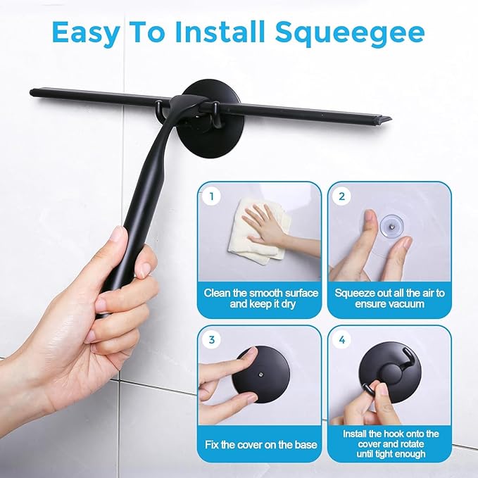 Quntis 12 Inch Squeegee for Shower Glass, Black Shower Squeegee with Adhesive Hooks Heavy Duty, Non-Slip Long Handle, Spare Blade, All-Purpose Squeegee Cleaning for Bathroom Doors Car Window