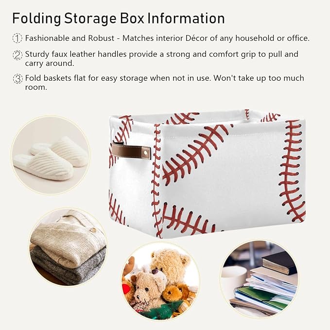 ALAZA White Baseball Softball White Foldable Storage Box Storage Basket Organizer Bins with Handles for Shelf Closet Living Room Bedroom Home Office 2 Pack