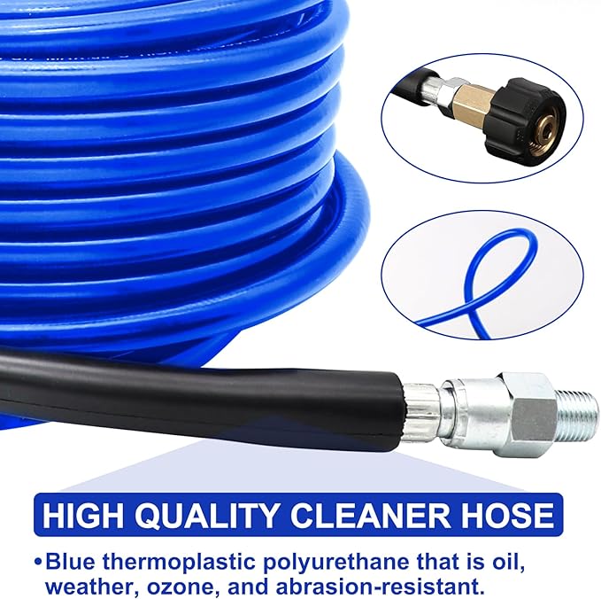 Sewer Jetter Kit 100 FT for Pressure Washer, 5800 PSI Drain Cleaner Hose 1/4 Inch NPT Corner Rotating and Button Nose Sewer Jetting Nozzle Spanner WatertightTape Pearl Corsage Pin(Blue)