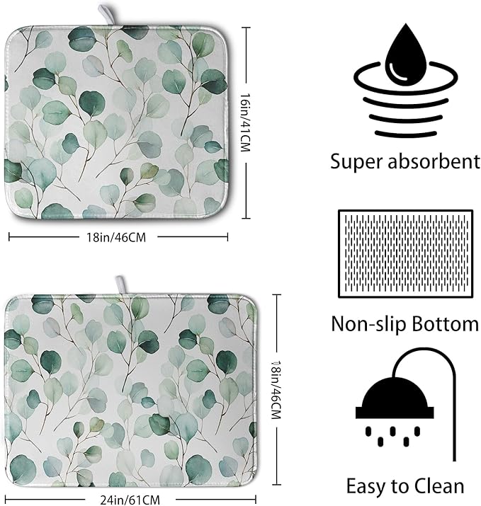 Green Leaves Dish Drying Mat Eucalyptus Leaf Branch Plant Drying Mats Absorbent Reversible Microfiber Kitchen Counter Mat Reusable Washable Dishes Drainer Mats Extra Large 18x24 Inch