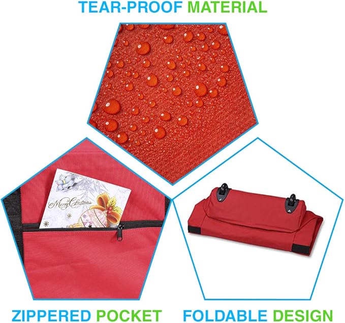 ProPik Holiday Rolling Tree Storage Bag | Fits Up to 6 ft. Tall Disassembled Christmas Tree | 22"x16"x 50" | Large Heavy Duty Xmas Storage Container with 2 Wheels & Handles | 600D Oxford (Red)