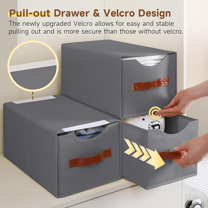4 Pack Stackable Storage Drawers, Fabric Closet Organizers and Storage with Handles and Clear Window, Pull-Out Clothes Storage Bins with Drawer for Closet, Bedroom, Living Room, Under Bed, Gray