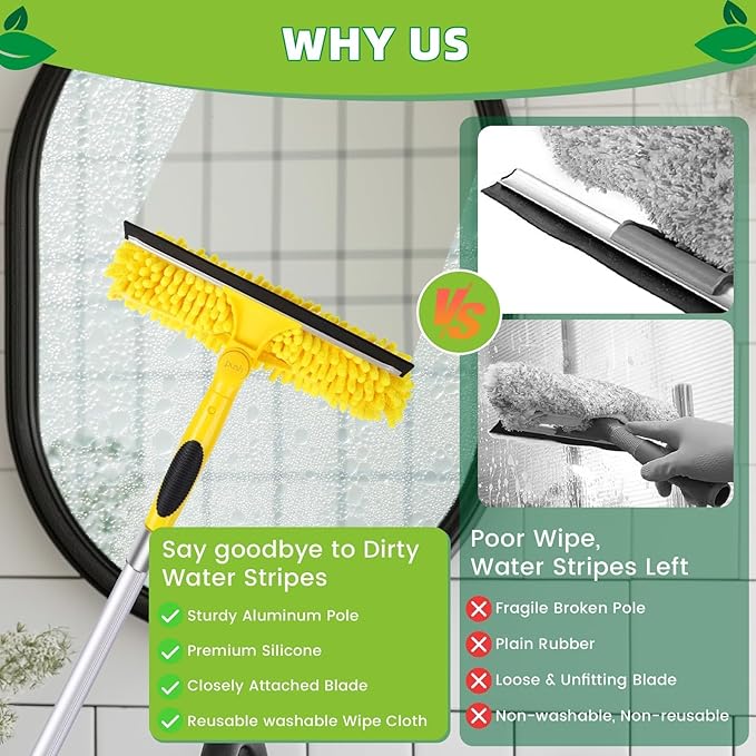 370'' Long Reach Window Squeegee with Telescoping Extension Pole, 2-in-1 Indoor/Outdoor Cleaning Tool with 270° Rotatable Head, Lightweight Alloy Aluminum Pole for Shower Door, Mirror, Car Windshield