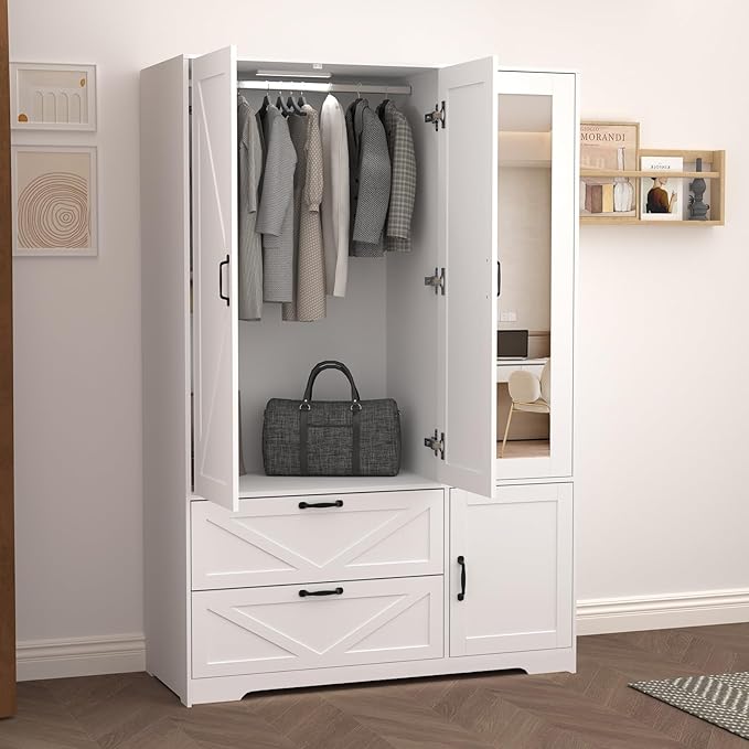 Armoire Wardrobe Closet with Mirror and 2 Drawers, 72''H Bedroom Armoire Wardrobe Cabinet with Hanging Rod and Light,Wooden Bedroom Closet with 3 Door