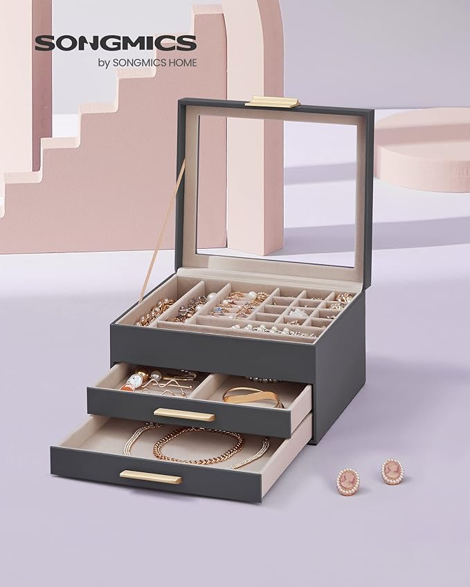 SONGMICS Jewelry Box Organizer with Glass Lid, 3-Layer Jewelry Storage, with 2 Drawers, Modern Style, 8 x 9.1 x 5.3 Inches, Interstellar Gray and Gold Color UJBC239G02