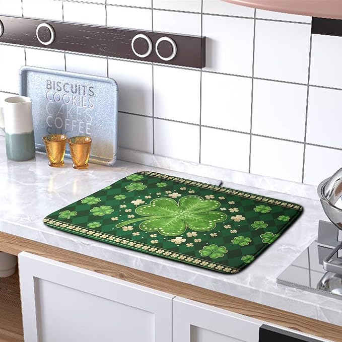 Kwlegh St Patricks Day Drying Mat for Kitchen Counter Shamrock Dish Drying Mats Lucky Clovers Green Plaid Dish Dryer Pad Absorbent Reversible Dish Drainer Rack Mat Kitchen Accessories 16x18 Inch