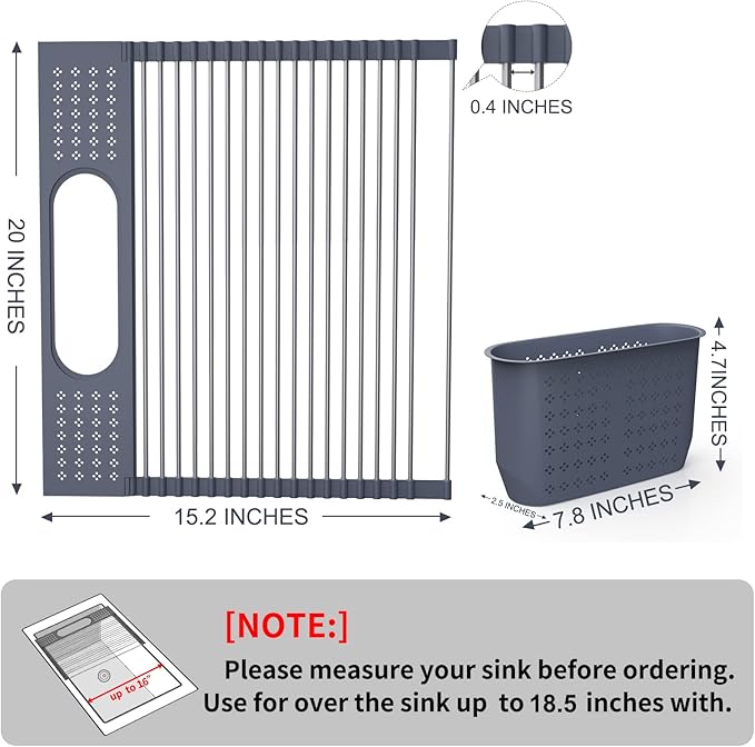 LEMIKKLE 20" x 15.2" Roll Up Dish Drying Rack Over The Sink Dish Drying Rack,Multi-Purpose Kitchen Rolling Dish Drainer Foldable SUS304 Stainless Steel Dish Drying Rack