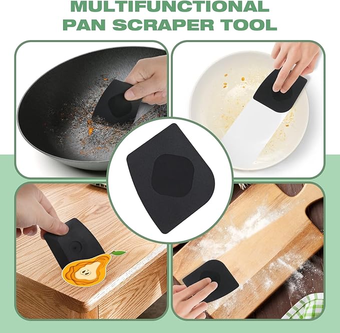 Cast Iron Scrubber with Long Handle | 316 Cast Iron Cleaner Chainmail Scrubber for Cast Iron Pan Skillet Cleaner - Dish Scouring Pad Dishwasher Safe Cleaning Kit (Black, 1 Scrubber + 1 Scraper)