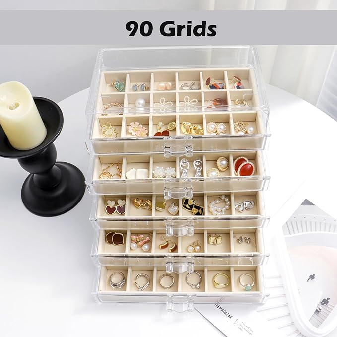 Jewelry Organizer with 5 Drawers Clear Acrylic Earring Display Case Velvet Jewelry Storage Box Display Holder for Earring Ring Bracelet Necklace (Beige, 90 Grids)