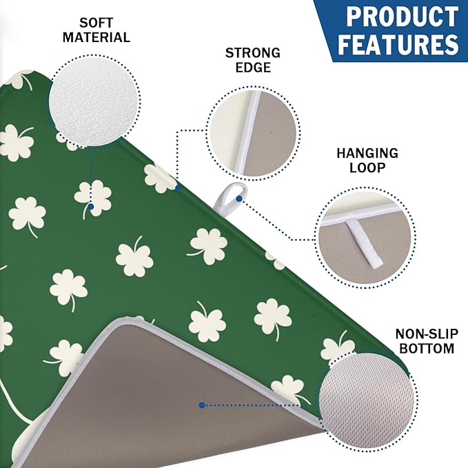 Wnoesat St Patricks Day Lucky Clover Dish Drying Mats for Kitchen Counter Green White Shamrock Dish Drying Pad St Patrick Microfiber Absorbent Reusable Washable Large Dishes Drying Mat 18x24 Inch