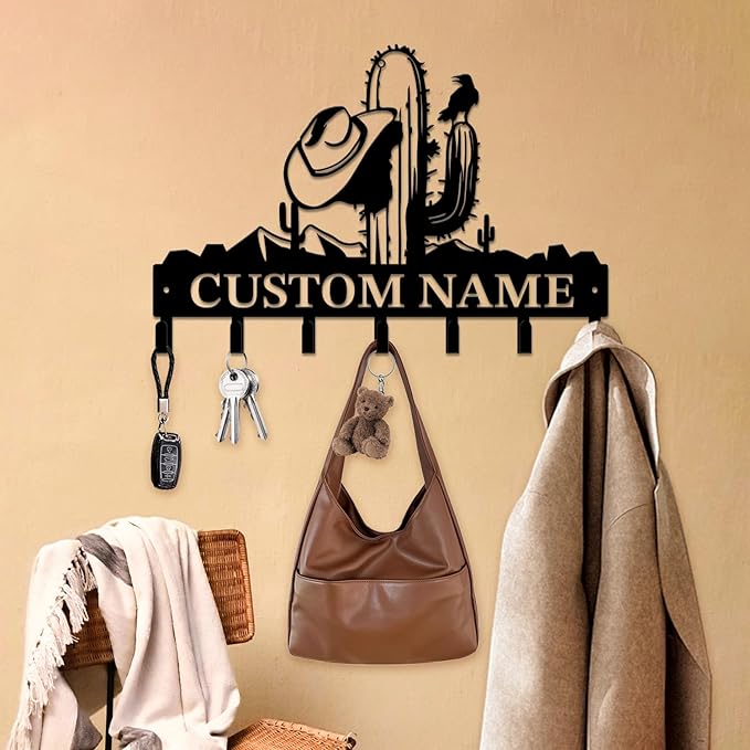 Personalized Custom Name Cactus Wall Keys Hooks,Metal Cactus Art Clothes Hooks,Metal Cactus Lover Wall Home Storage Decorative,For Front Door, Hallway, Kitchen, Bedroom,Keys,Hats (Style F)