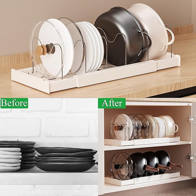 Pots and Pans Organizer Under Cabinet Expandable Pot Lid Holder with 7 Adjustable Dividers Pot Rack for Kitchen Storage Cutting Boards, Bakeware, Lid, White