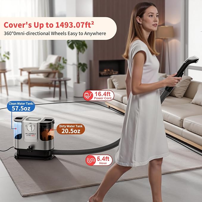 UltraHeat Carpet Cleaner, Heating & Powerful Upholstery Cleaner Machine,Portable Spot with 360°Wheels, 1.8-inch Deep Stain Warm Rug Cleaner for Car, Stairs, Couches. Black