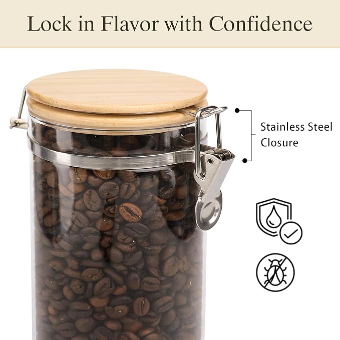 EQEY Glass Storage Jars Set Elegant Containers with Airtight Bamboo Lids, Perfect for Kitchen Organization - Flour, Rice, Pasta, Sugar, Coffee Beans, Accessories Included (Coffee Jar x 2)