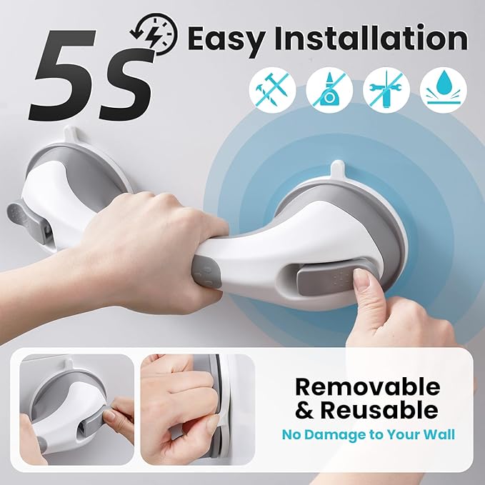 TAILI Shower Grab Bar Glow in The Dark, 12.2 in Grab Bars for Bathtubs and Showers, Bath Handles Bath Rails for Seniors and Elderly,Bathroom Safety Grip Removable No Drilling Waterproof Grey