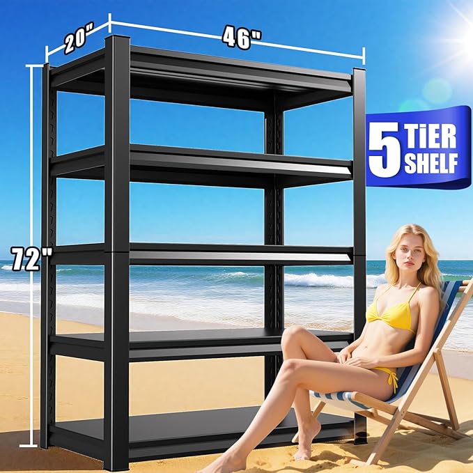 PKDYEZ 72''H/47''W Garage Shelving 5-Tier Adjustable Metal Garage Shelves Heavy Duty Unit,3000 LBS Steel Shelf Storage Rack Suitable for Industries,Warehouses,Basement,Black (72''H x 47''W x 20''D)
