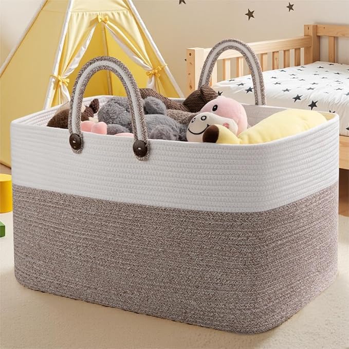 OIAHOMY 95L Large Blanket Basket, 24”x16”x15” Rectangle Woven Baskets For Storage, Nursery Blanket Storage Living Room, Toy Box With Long Handle-Gradient Brown With White