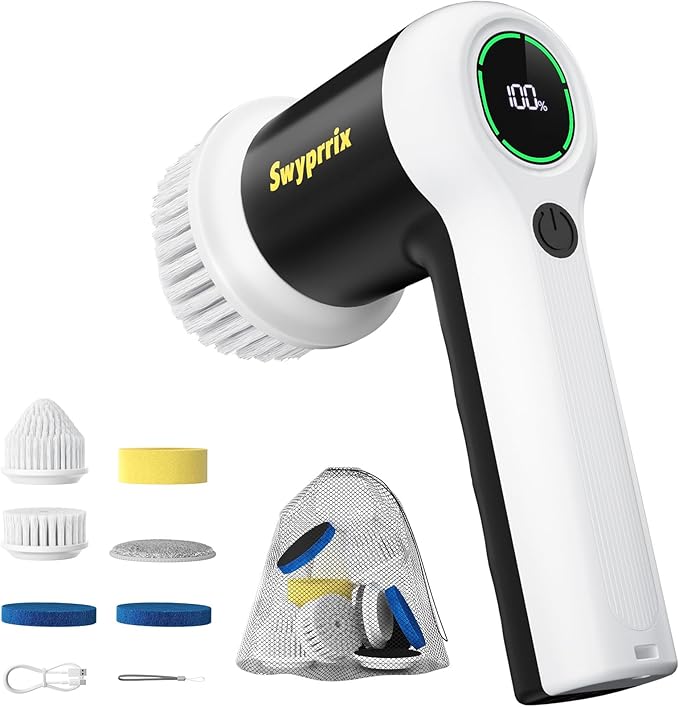 Swyprrix Electric Bathroom Cleaning Brush, Cordless Spin Scrubber Full Body Waterproof IPX7 with 6 Replaceable Brush Heads for Bathtub/Kitchen/Window/Home Cleaning -SD-CTB02
