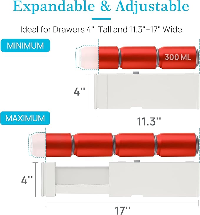 Vtopmart Drawer Dividers for Clothes 8 Pack, Adjustable 4" High Expandable from 11.3"-17" Dresser Drawer Organizer, Plastic Drawers Separators for Dresser, Baby Clothes, Kitchen and Office Storage