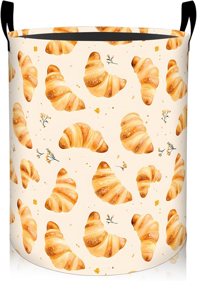 Delicious Croissant Pattern Laundry Basket 19.7"x15.7", Collapsible Dirty Clothes Waterproof Food Laundry Hamper Organizer Toy Storage Bin for Dorm Nursery Bathroom Decor