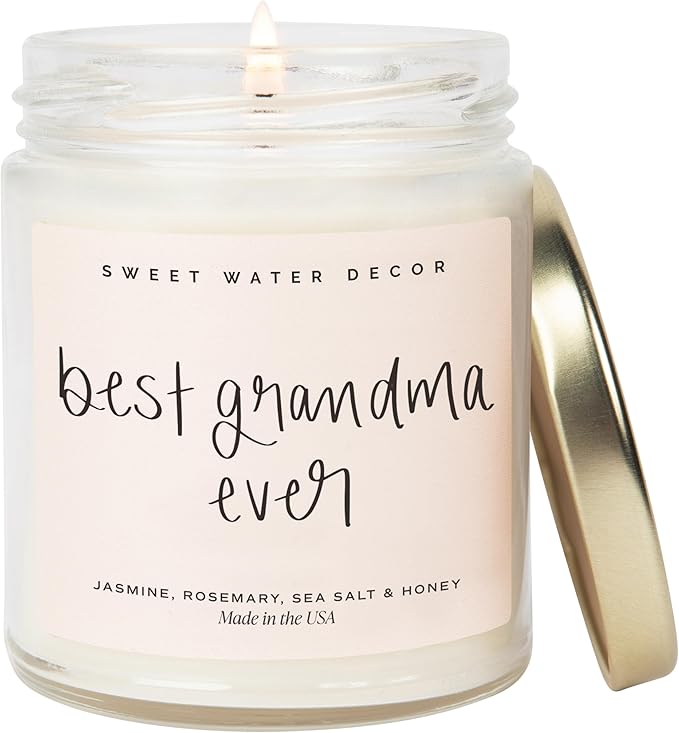 Sweet Water Decor Best Grandma Ever Candle - Jasmine, Rosemary, Sea Salt, & Honey Scented Candle - 9 oz Soy Candle in Clear Jar with 40+ Hours Burn Time - Birthday and Mother's Day Gifts for Grandma
