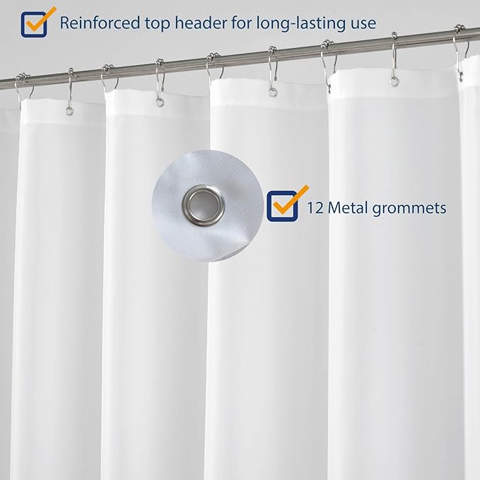 N&Y HOME Extra Long Shower Curtain Liner Fabric 72 x 96 inches, Hotel Quality, Washable, Water Repellent, White Spa Bathroom Curtains with Grommets, 72x96