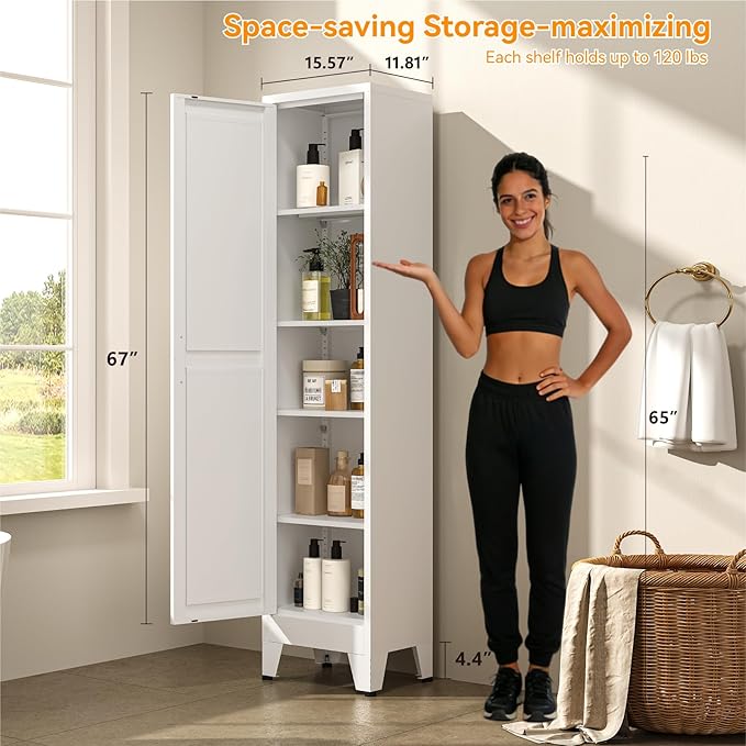 67" Tall Storage Cabinet with Reversible Doors and Adjustable Shelves,Metal Slim Freestanding Cabinets for Bathroom Kitchen Garage Small Spaces,White