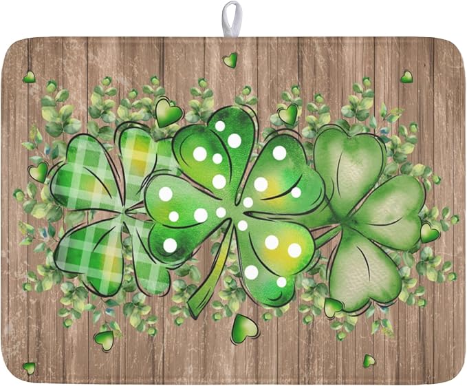 Wnoesat St Patricks Day Wooden Plank Texture Shamrock Dish Drying Mat St Patrick Eucalyptus Leaves Clover Dish Drying Pad for Kitchen Counter Absorbent Microfiber Dishes Drainer Rack Mats 18x24 Inch