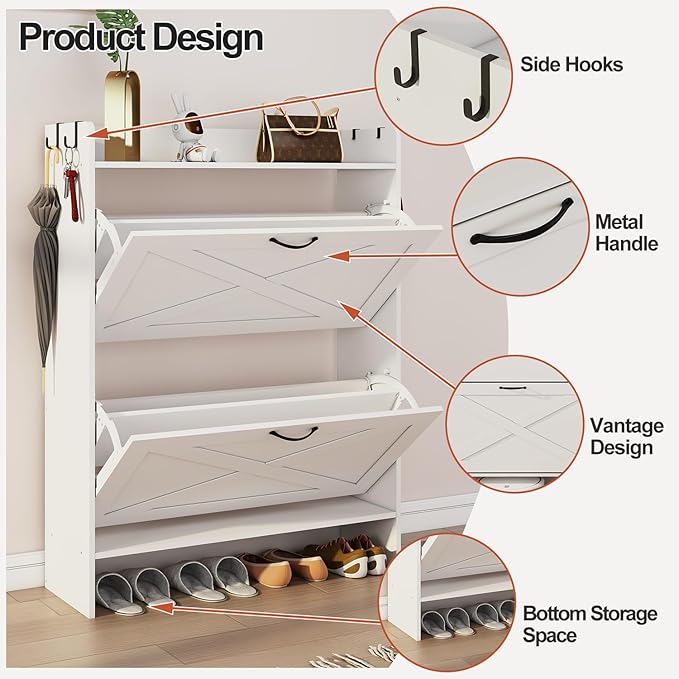 Shoe Cabinet with 2 Flip Drawers & Adjustable Shelf,Wood Shoe Organizer,Freestanding Hidden Shoe Storage Cabinet for Entryway,Hallway (White)