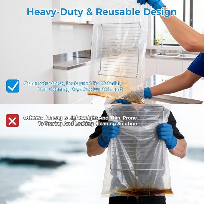 KYRGEU 4 Pack Oven Grill Cleaning Bags（15.7''X23.7'', Heavy Duty Oven Rack Cleaner Bags - No Messy Hands Reusable Soak-off Cleaning Kit for Grate & Grill Rack,No Cleaner Included
