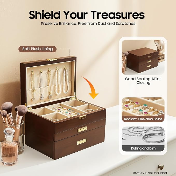 Wooden Jewelry Box for Women, 3 Layers Large Wooden Jewelry Organizer Box Watches Necklace Ring Storage Box for Women (Walnut 3 Layer)