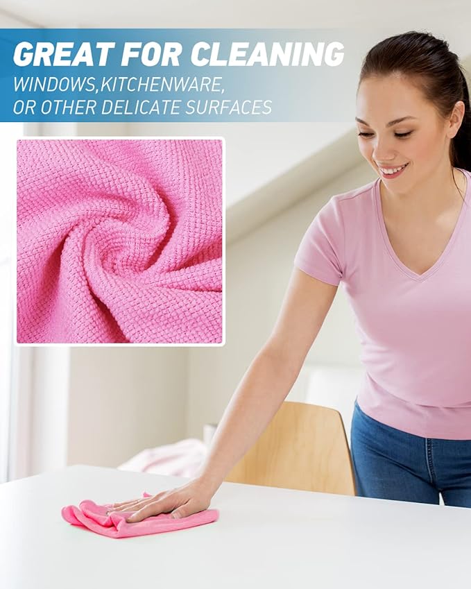 WEAWE Microfiber Cleaning Cloth-24Pcs (13x13 inch) Ultra Soft Highly Absorbent Rags for Housekeeping-Machine Wash (HotPink)