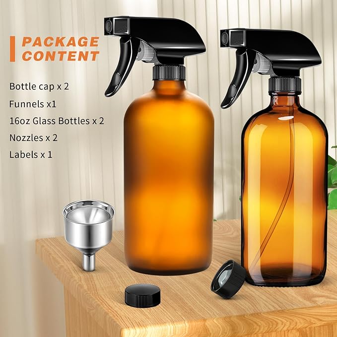 Glass Spray Bottle, 2 Pack 16oz Empty Sprayer with Funnel & Cap & Labels, Large Refillable Mist Bottles for Cleaning, Plant, Essential Oil, Facial Hydration, Water Flower & Hair, (Amber & Frosted)