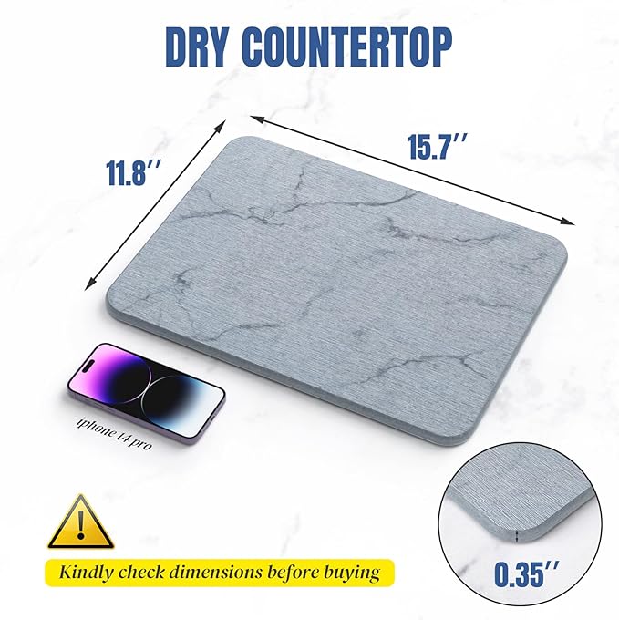 CREOMG Quick Dry Stone Drying Mat for Kitchen Counter, Water-Absorbent Diatomaceous Dish Drying Mats, Multi-Purpose Stone Drying Tray for Cups Dishes Bottles, Light Gray-Marble, 15.7" x 11.8"