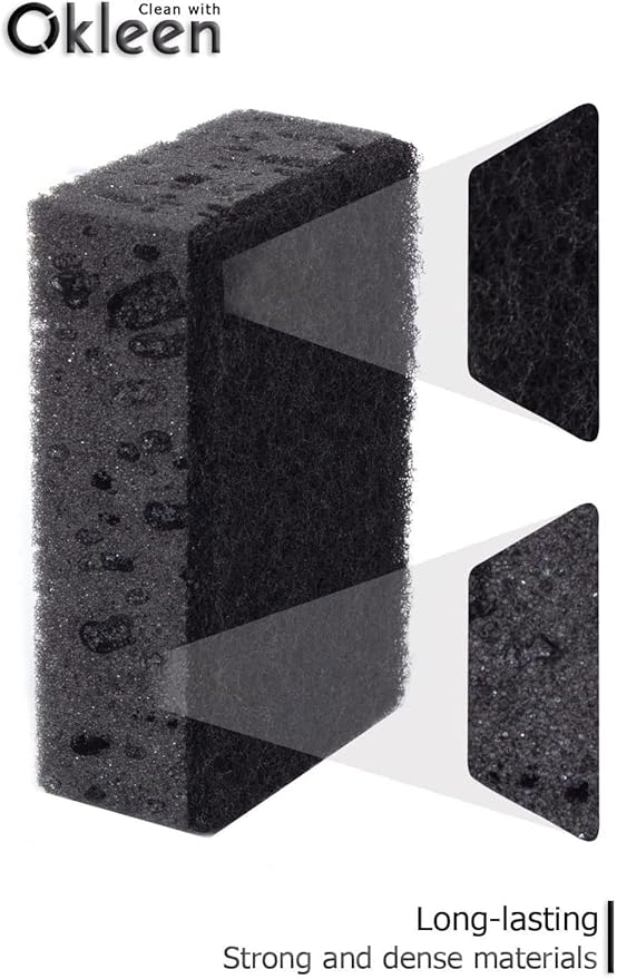 Okleen Black Multi Use Scrub Sponges. Made in Europe. 18 Pack, 4.3x2.8x1.4 inches. Heavy Duty Fiber. Odorless Durable Scrubber for Kitchen and Household Cleaning