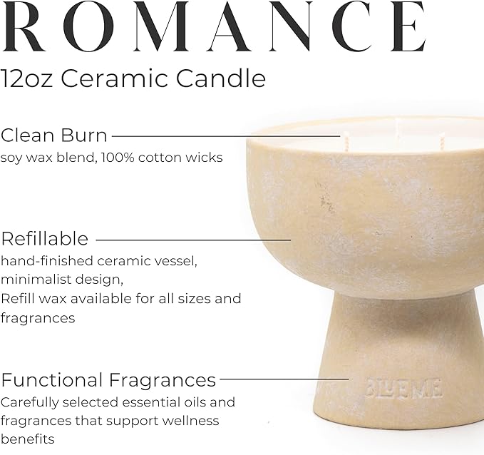 Blueme Romance Candle | Oakmoss & Sandalwood | 3 Wick - Refillable Wellness Candle with Essential Oils, Hand Finished & Poured Soy Wax Blend Ceramic Vessel, Natural Cotton Wicks | Medium 12 oz
