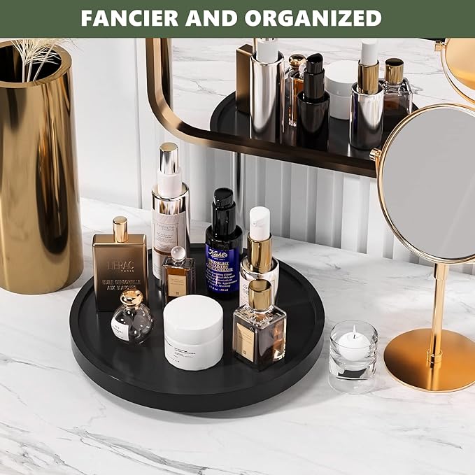 VeyFey Turntable Vanity Tray 10 Inch for Perfume Candle, Bamboo Kitchen Sink Countertop Organizer Keep Glass, Sponge and Soap Bathroom Coffee Table Decorative Black (VFLZ)