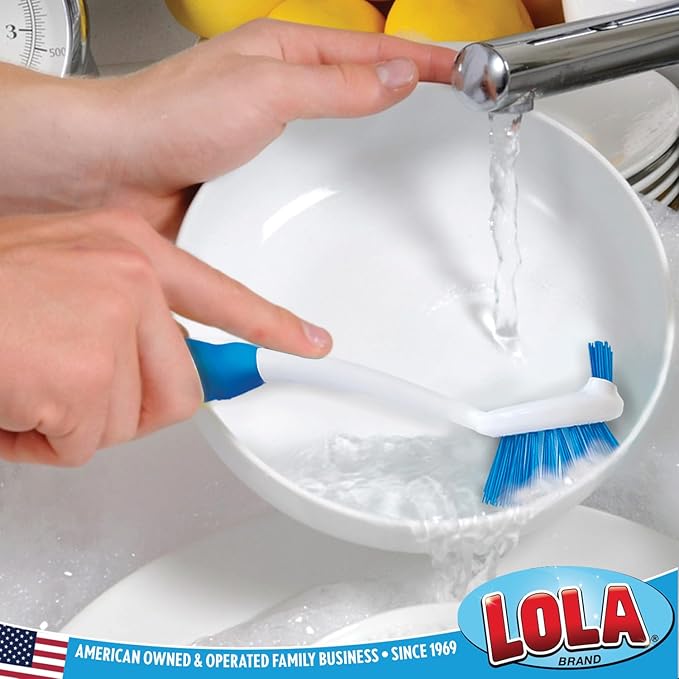 Dish Brush Kitchen Scrubber, by LOLA, Has Stiff Bristles & Food Scraper, Comfort No-Slip Grip Handle, Safe for Non-Stick & Coated Cookware, 1 Pack