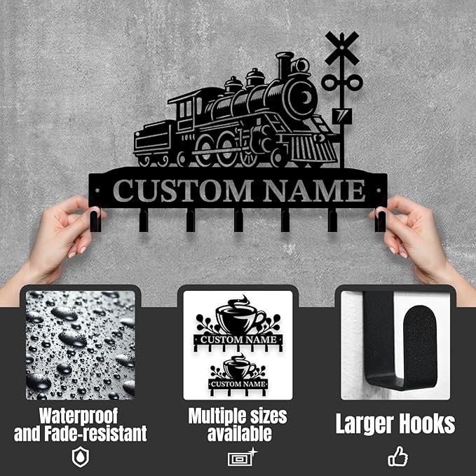 Personalized Train Metal Keys Hooks,Custom Name Metal Train Keys Hooks,Black Metal Train Wall Home Storage Decorative Keys Hooks,Key Holder Hooks for Wall (Style J)