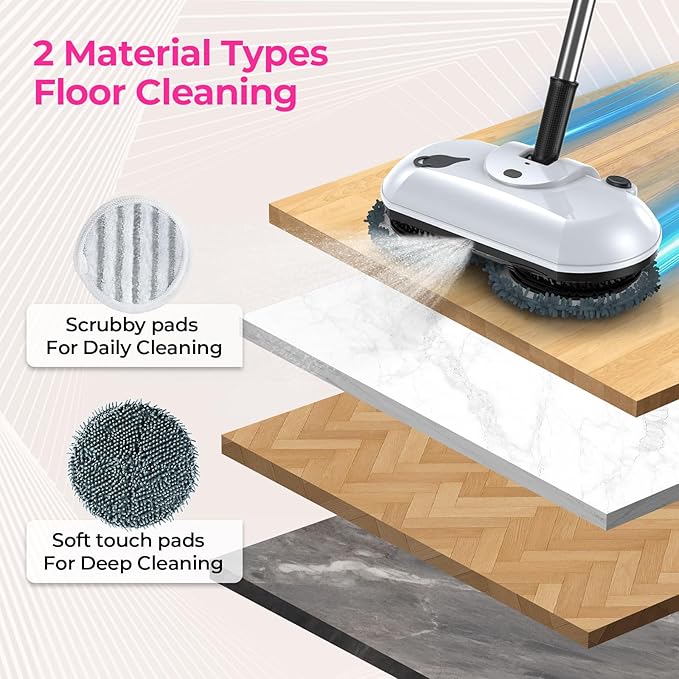 ScrubWiz Cordless Electric Mop, Electric Spin Mop with Water Spray, Powerful Floor Cleaner, Super Quiet Cleaning & Waxing, White