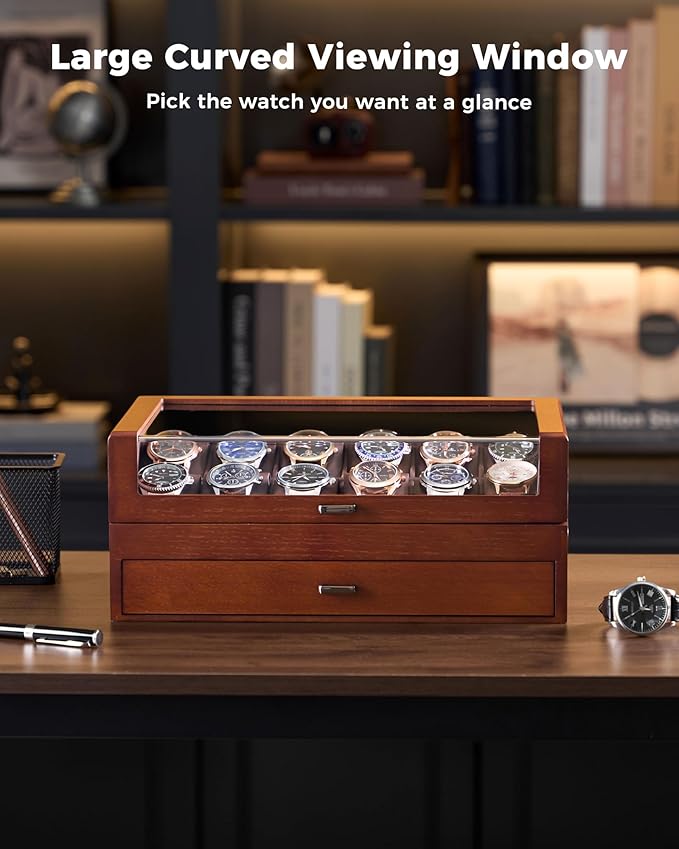 ProCase Wooden Watch Box for Men, Wood Watch Display Case Men's Jewelry Organizer Box with Drawer -12 Slot, Walnut