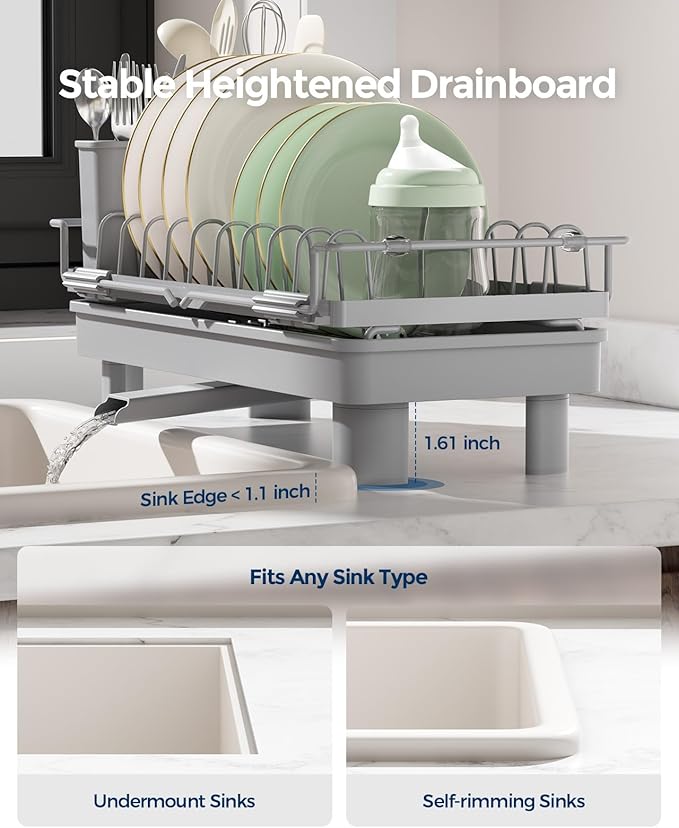 Nacial 2-in-1 Small Dish Drying Rack Fits 14''–21.8'' Sink, Dish Drainers for Kitchen Counter Extend Kitchen Sink Drain Basket with Utensil Holder & Auto-Drain Tray, Stainless Steel Plate Rack, Gris