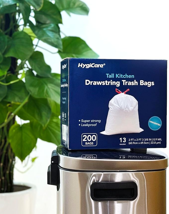 HygiCare 13 Gallon Tall Kichen Trash Bags, Unscented 200 Count Drawstring Garbage Bags, Pre-Separated, Ultra Strong, Leakproof, Sturdy, White
