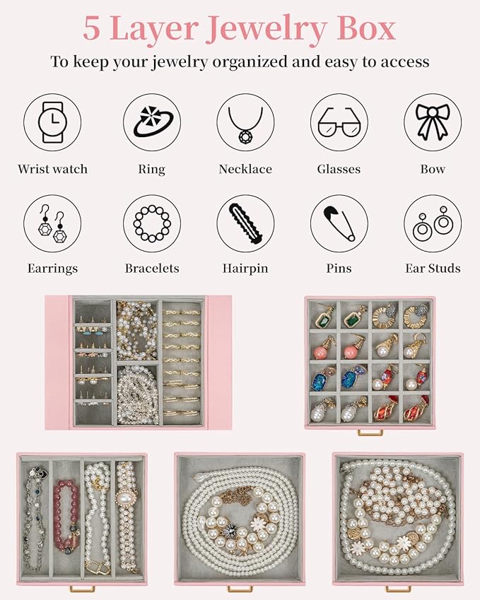 TORIBIO Jewelry Box for Women, Leather Jewelry Organizer with Mirror & Lock, 5-Tier Jewelry Storage Organizer with 4 Drawers for Girls/Women/Mothers, Necklace Earring Bracelets Holder Organizer