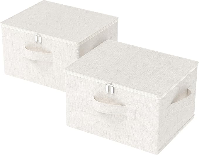 ENUMAIL Fabric Underbed Storage Bins with Lid, Foldable Cube Organizer, Home Wardrobe Containers Box for Organizing Clothes, Shoes, Blankets, Pillows, 19.6x15.7x11.8Inches, Beige, 2 Pack
