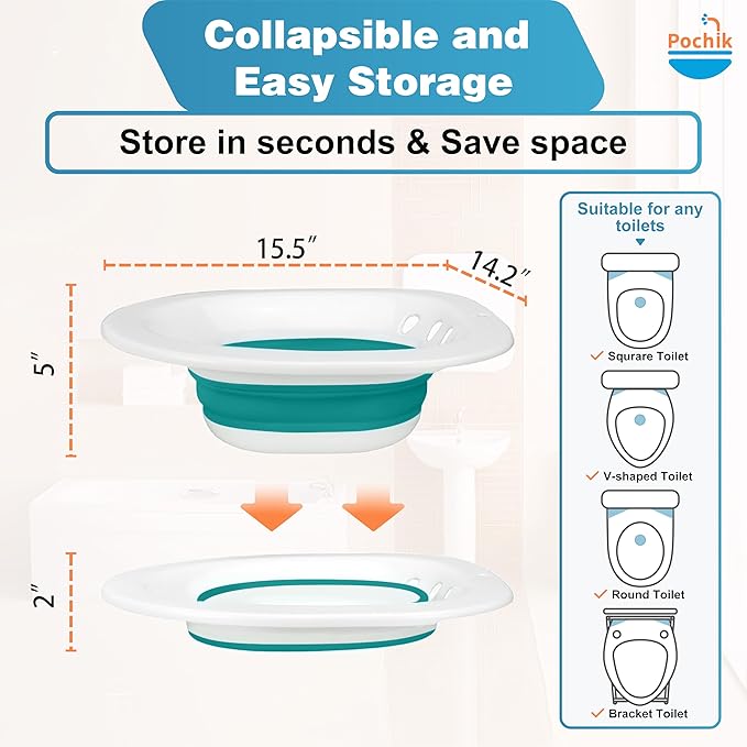 Pochik Sitz Bath for Toilet Seat Hemorrhoids and Postpartum Care, Yoni Steam Seat, Perineal Soaking, Collapsible, Flusher Hose, Drain Holes, Wider Seating Area - Green
