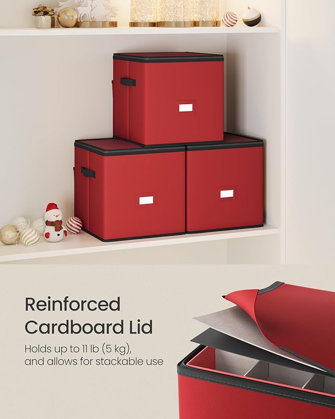 SONGMICS Christmas Ornament Storage Box, Dual Zippers, Stackable Christmas Storage Container with Lid, 4 Trays, 600D Oxford, 3-Inch 64 Slots, Cherry Red URFB034R01