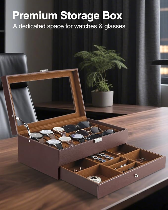 Jenseits Watch Organizer & Jewelry Box for Men – 6 Watch Slots, 3 Sunglass Slots, Drawer for Rings, Bracelets & Cufflinks, 2-Layer Leather Watch Display Case w/Glass Lid, Gift for Men & Women, Brown