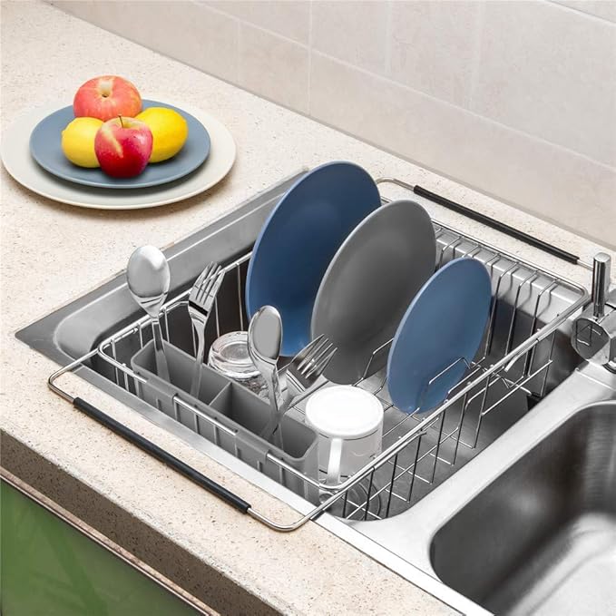 SANNO Large Expandable Dish Drying Rack Over Sink Dish Rack with Utensil Silverware Storage Holder Over The Sink Adjustable Arms Dish Drying Drainer,Stainless Steel, in Sink or On Counter