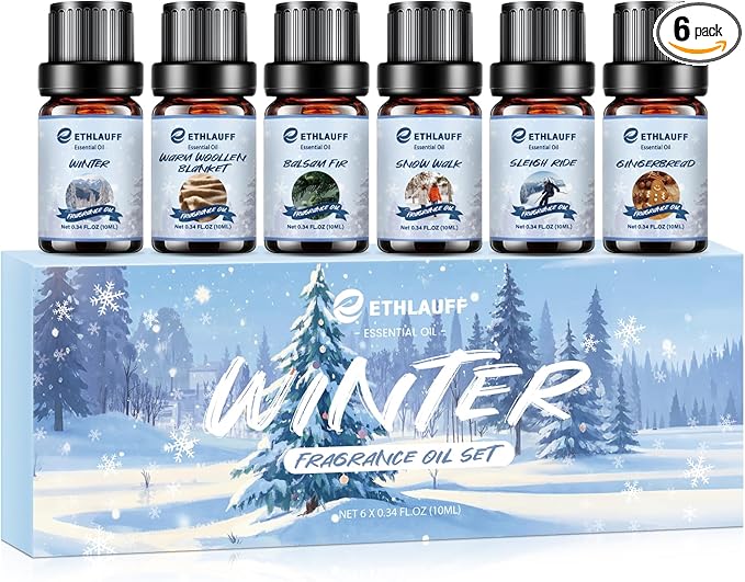 Essential Oils Winter Set,Premium Fragrance Essential Oils Gift Set for Diffuser, Soap & Candle Making Scents - Gingerbread,Warm Woollen Blanket, Balsam Fir, Snow Walk, Sleigh Ride